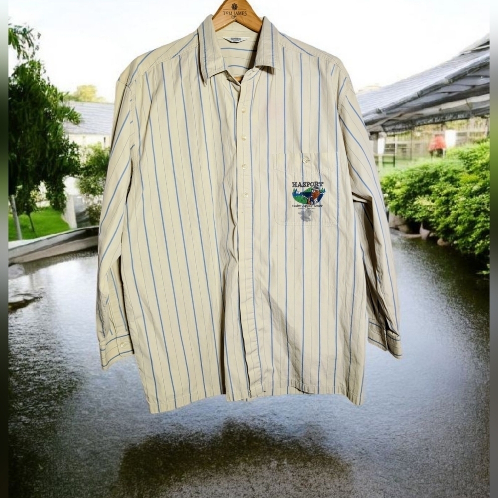 Hardy Amies Sz L Beige and Navy Striped Casual Shirt